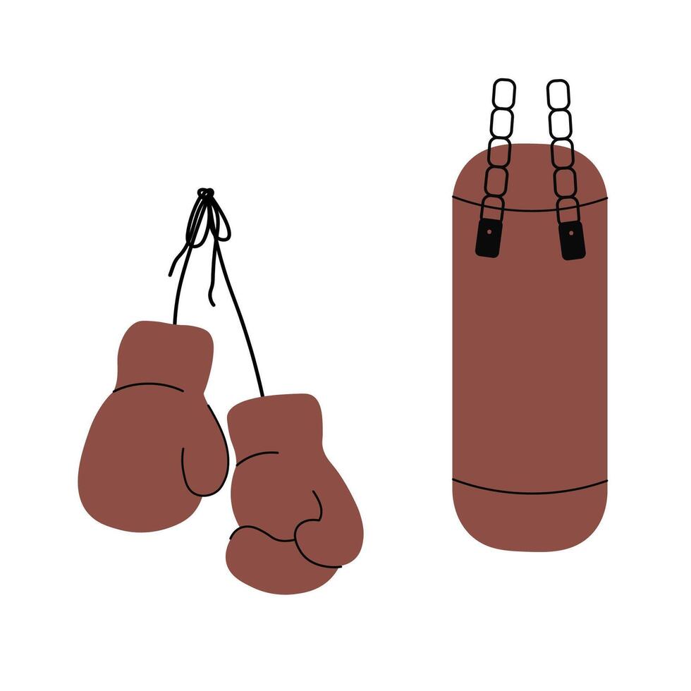 Boxing gloves and punching bag. Sport, box, competition, wrestling, ring, game. Illustration in flat style on isolated background for sign, logo, label, print, paper, flyer. Design elements vector
