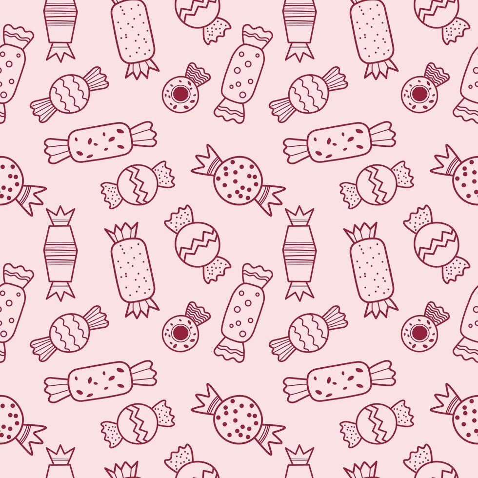 Candy seamless pattern. Repeating pink background with different candies, sweets, chocolate treats. Design for October 18 is World Candy Day. Food illustration for flyer, card, wrapping, paper vector