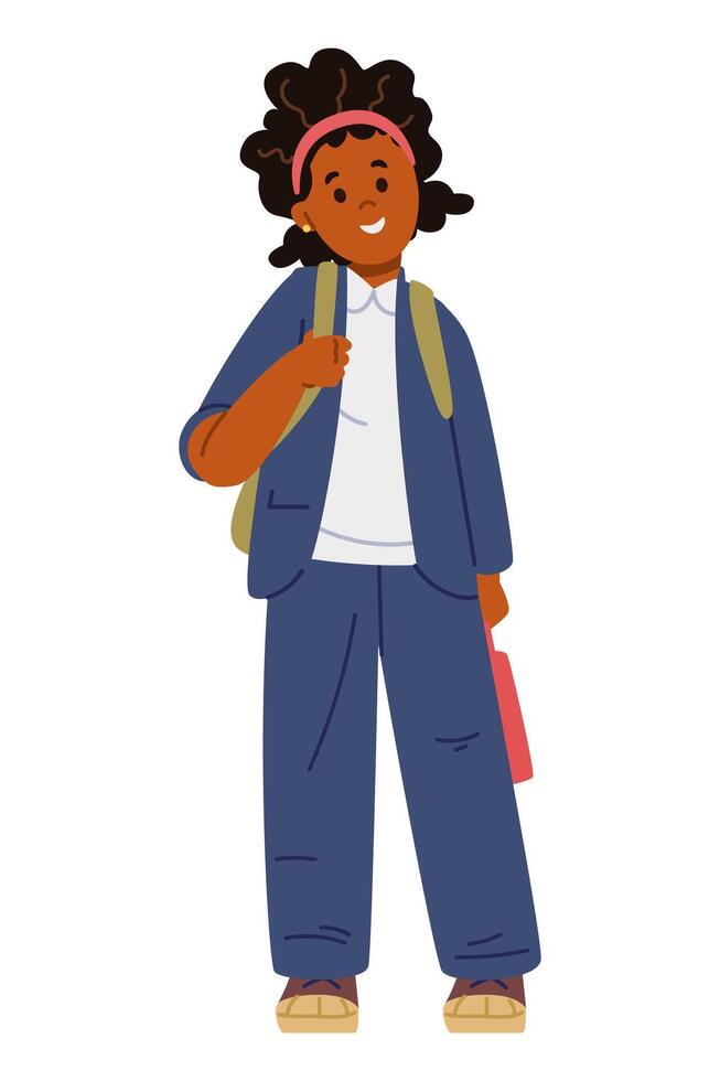 African American school girl in uniform with backpack standing flat illustration isolated on white. vector