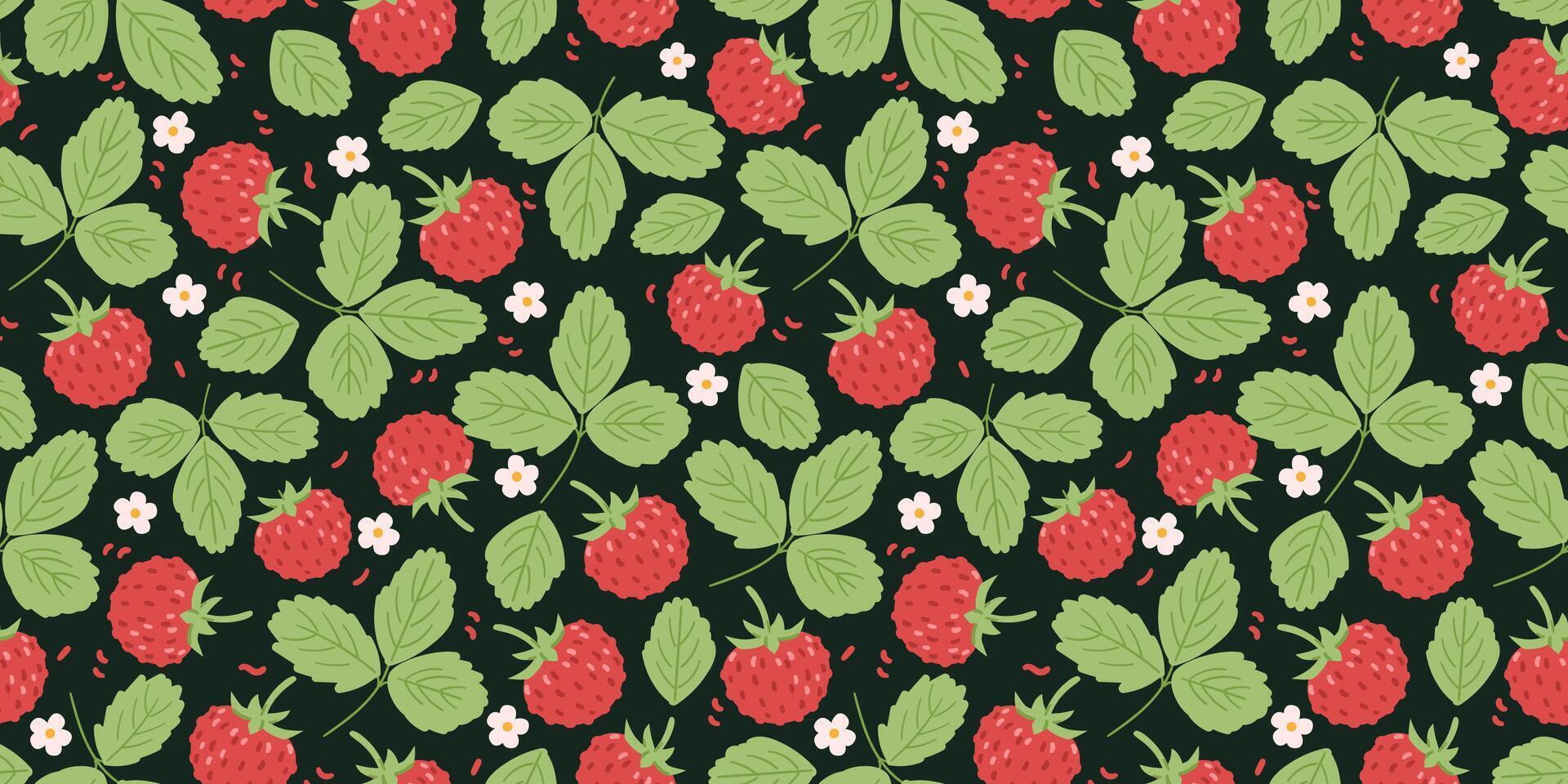 Wild strawberry, flowers and leaves seamless pattern on dark background. vector