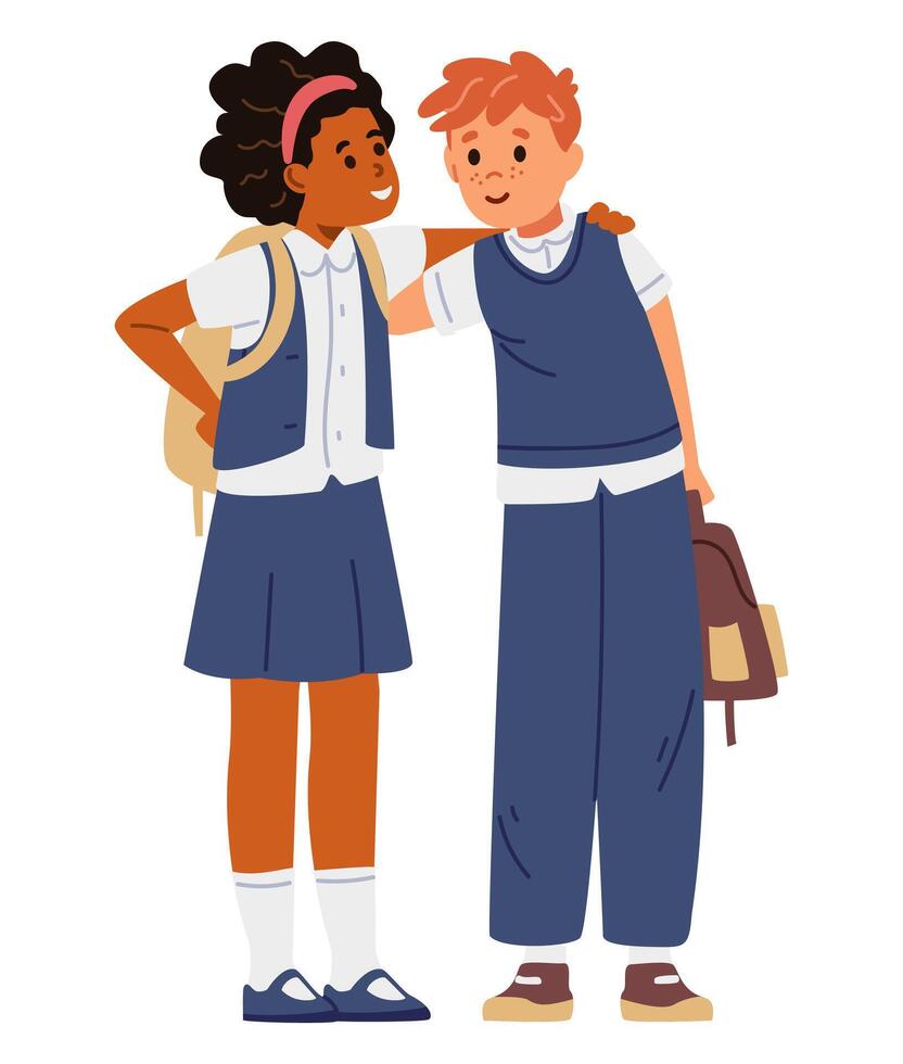 Two school children in uniform with backpacks girl and a boy standing together hugging flat illustration isolated on white. vector
