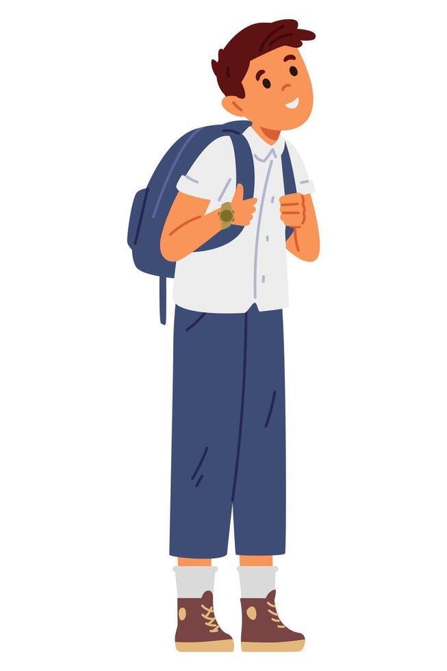 Cute school boy in uniform with backpack standing flat illustration isolated on white. vector