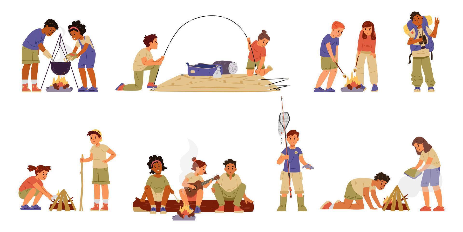 Multiracial children camping flat illustrations set isolated on white. Diverse kids making food on fire, playing ukulele, making bonfire, fishing, roasting marshmallow, putting up a tent. vector