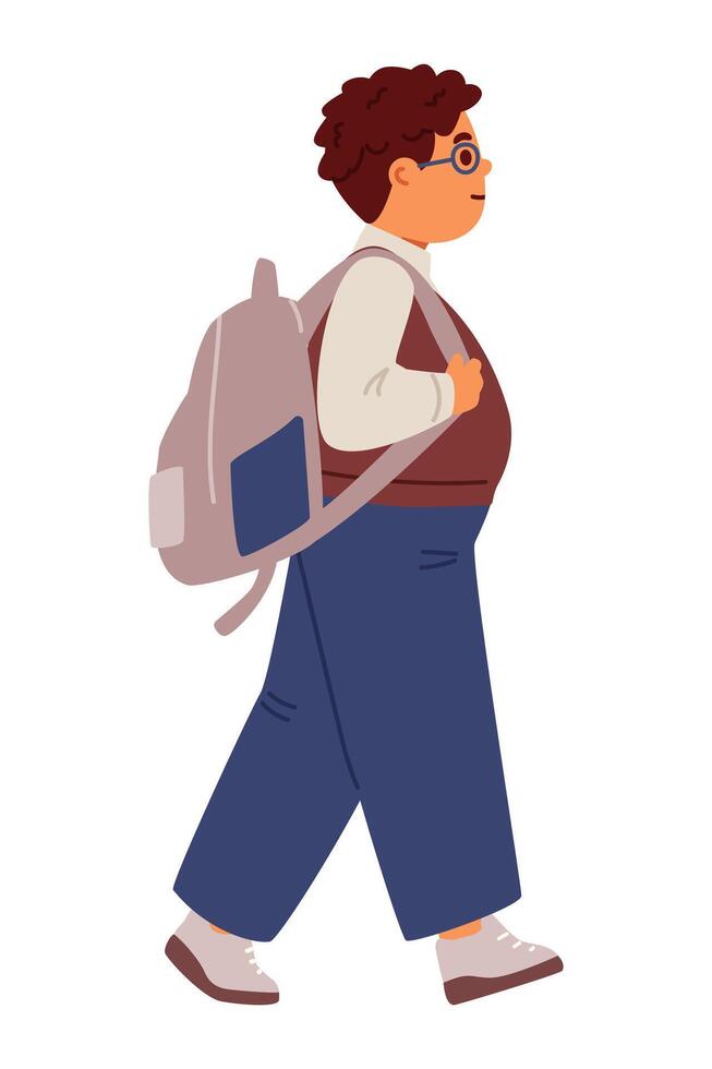 Fat school boy in uniform with backpack walking to school flat illustration isolated on white. vector
