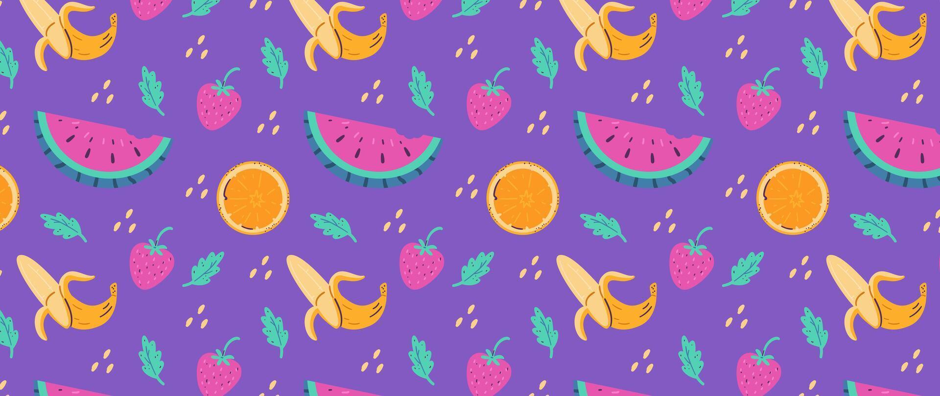 Ripe tropical fruits and berries bright seamless pattern on vivid purple background vector
