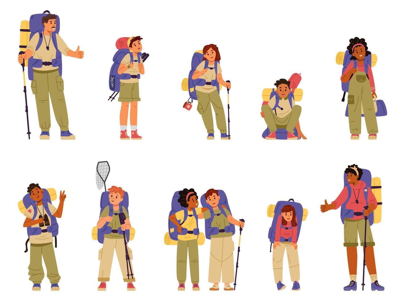Multiracial children and adults tourists characters with backpacks and hiking poles flat illustrations set isolated on white. Hiking and trekking for children. Summer outdoors activities. vector