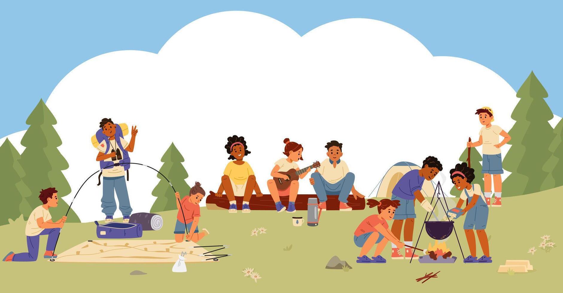 Summer camp banner with diverse children in summer camp putting up tent, cooking, sitting near campfire, playing ukulele illustrations. vector