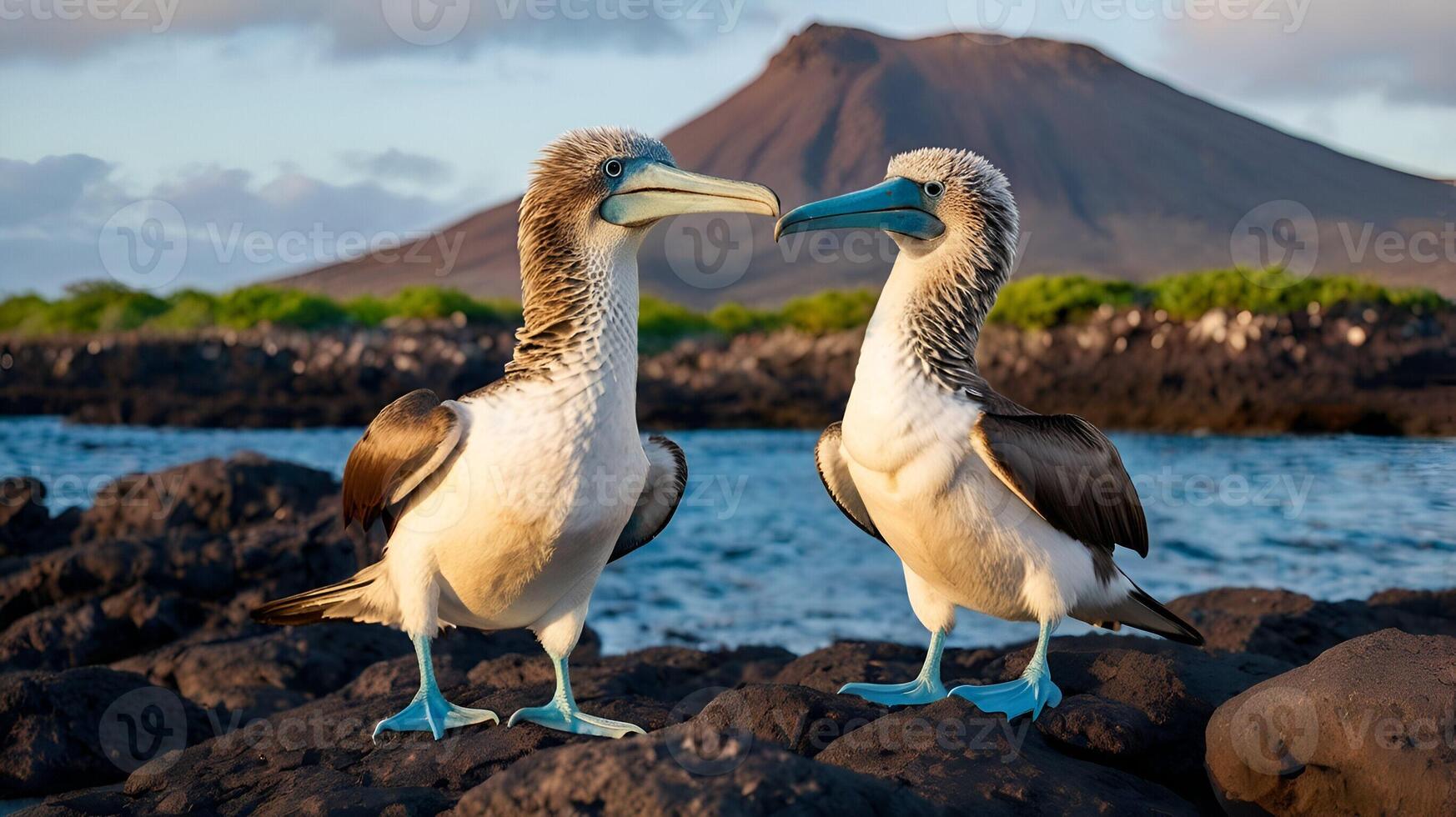 A pair of blue-footed boobies stands on a rocky Galapagos shore during golden hour photo