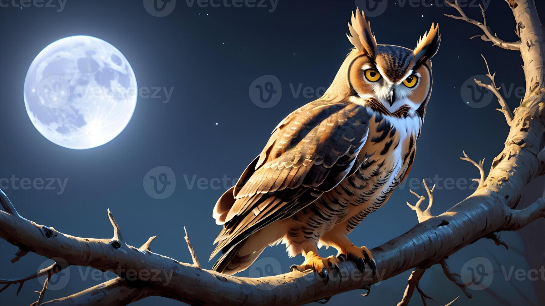 A Great Horned Owl perched on a gnarled branch photo