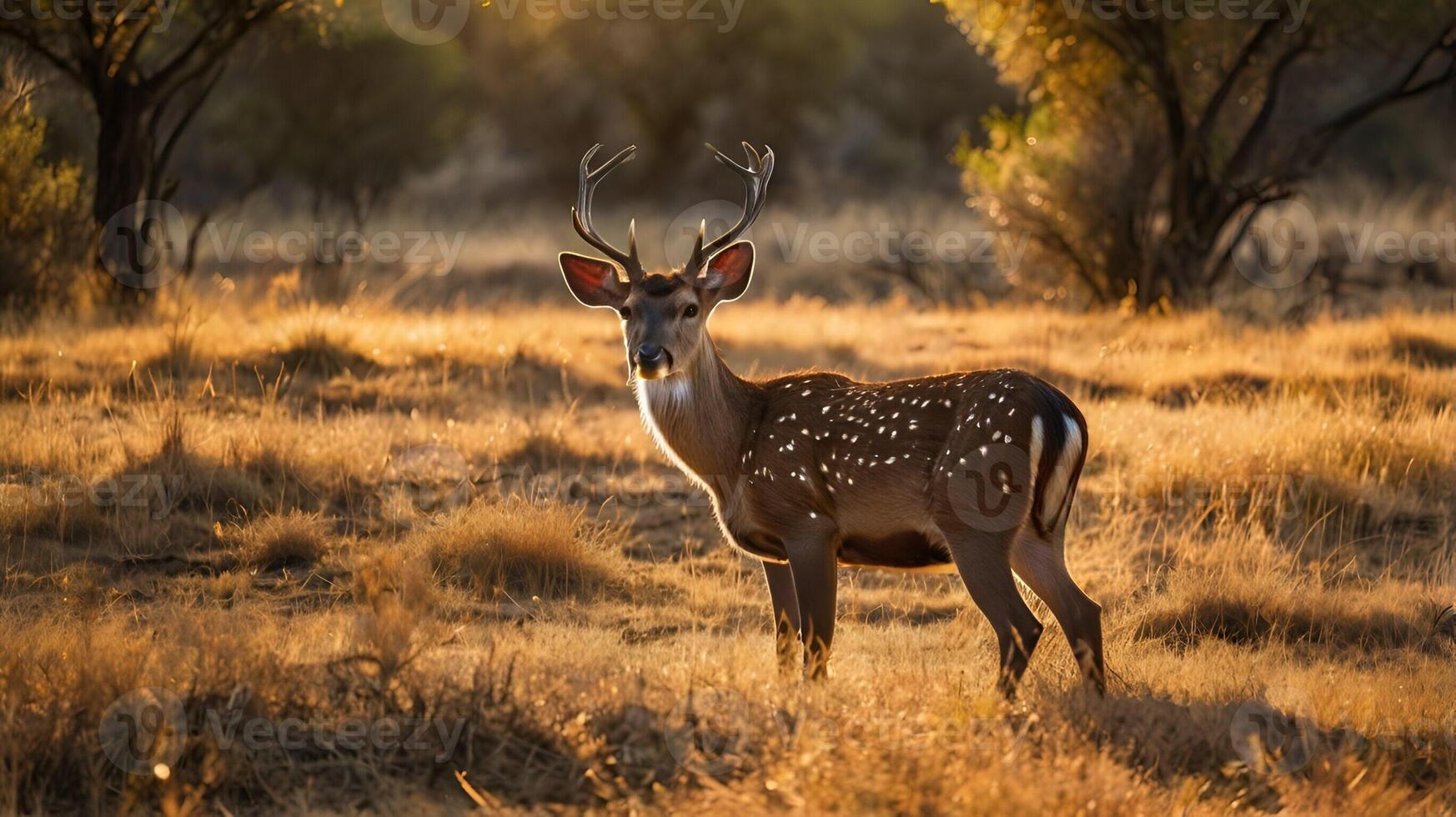 A Sika deer grazing in a dry grassy field photo