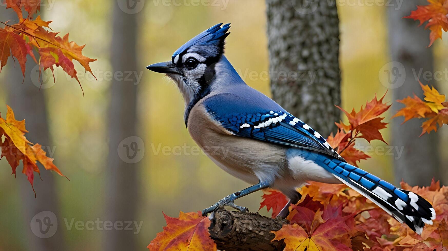 A blue jay flits from branch to branch photo