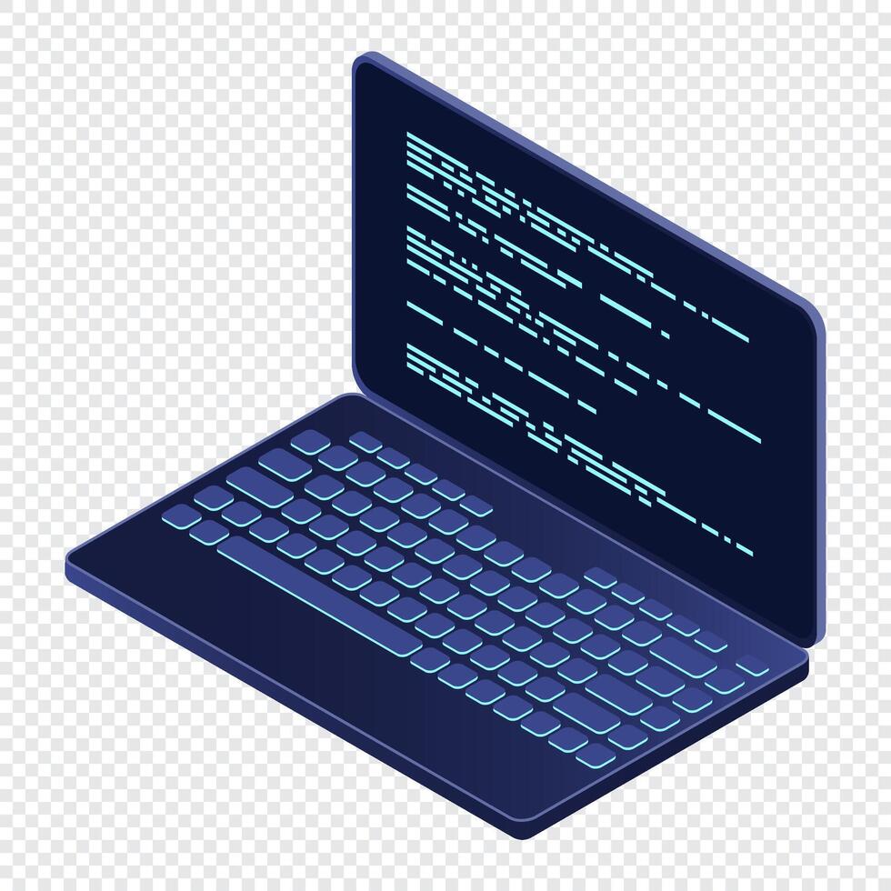Isometric laptop. 3d isometric laptop computer. Abstract programming language and program code on a laptop screen. Technology vector