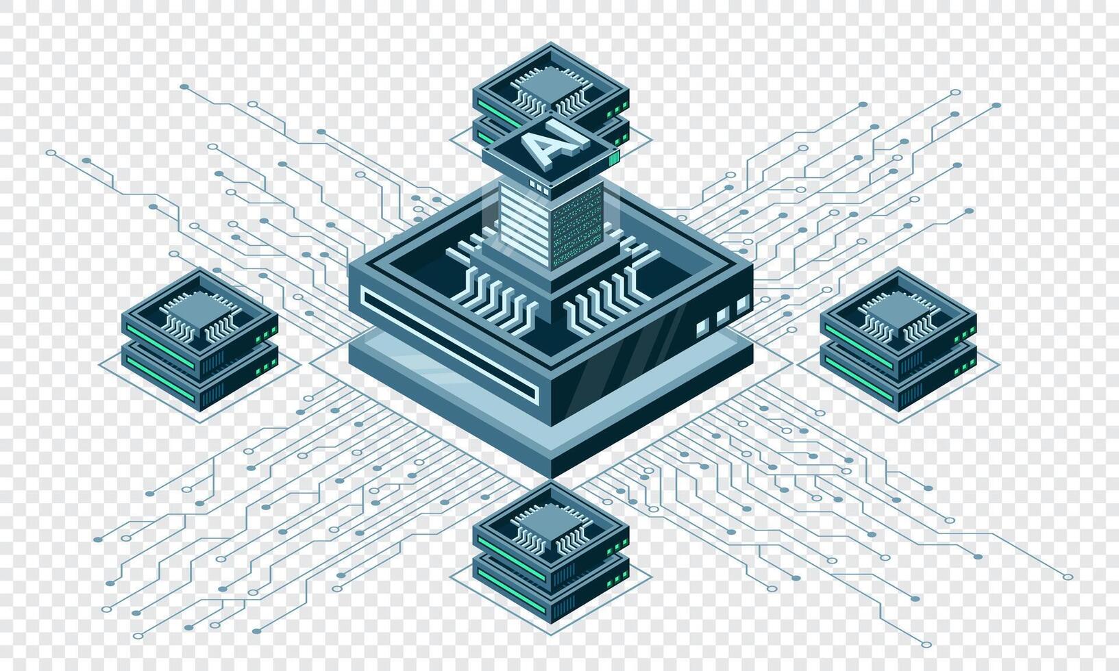 Isometric artificial intelligence chip concept. Artificial intelligence concept. Futuristic microchip processor. Technology vector