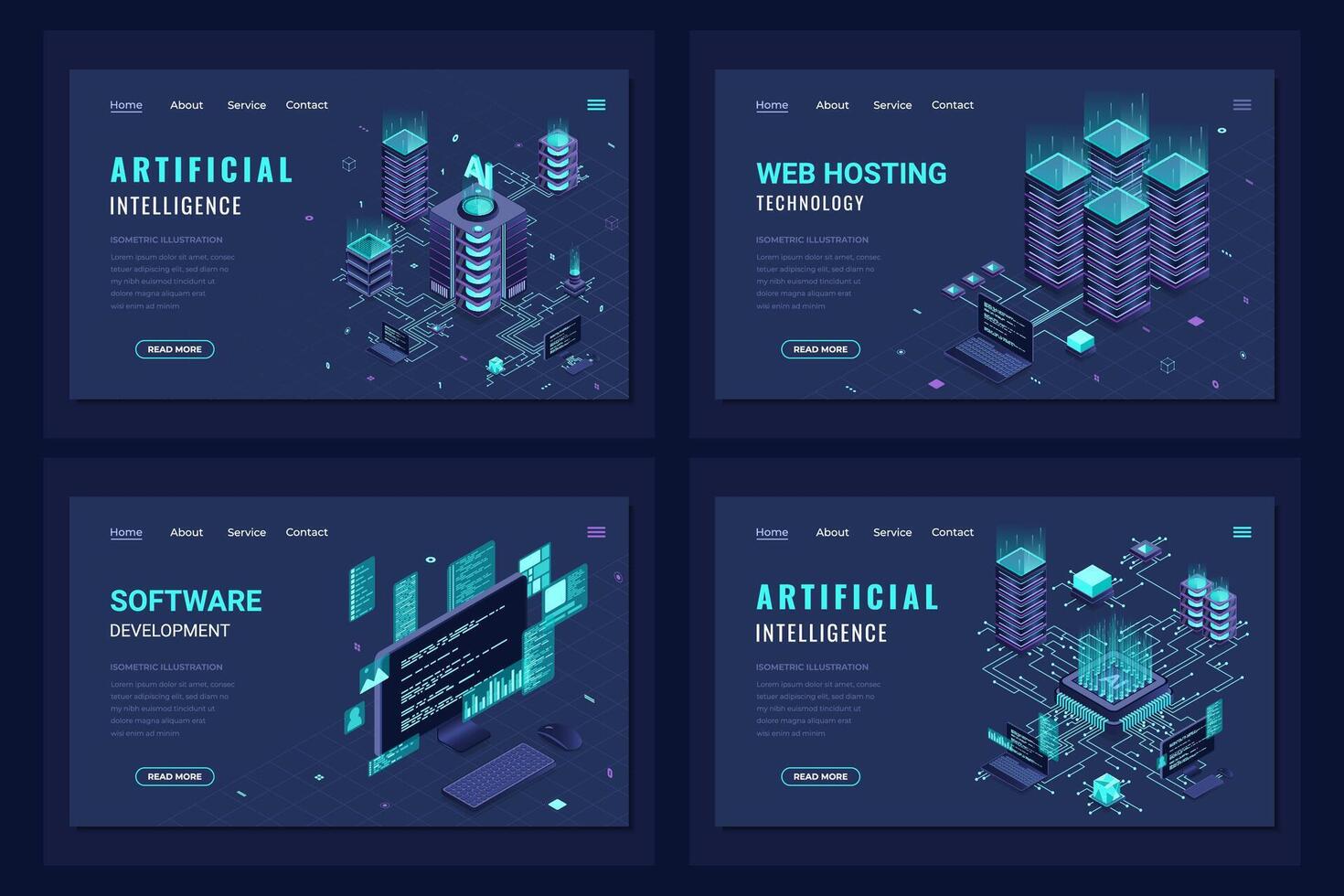 Set of isometric landing page template. Modern technology concept for web hosting, software development, and artificial intelligence. Isometric technology vector