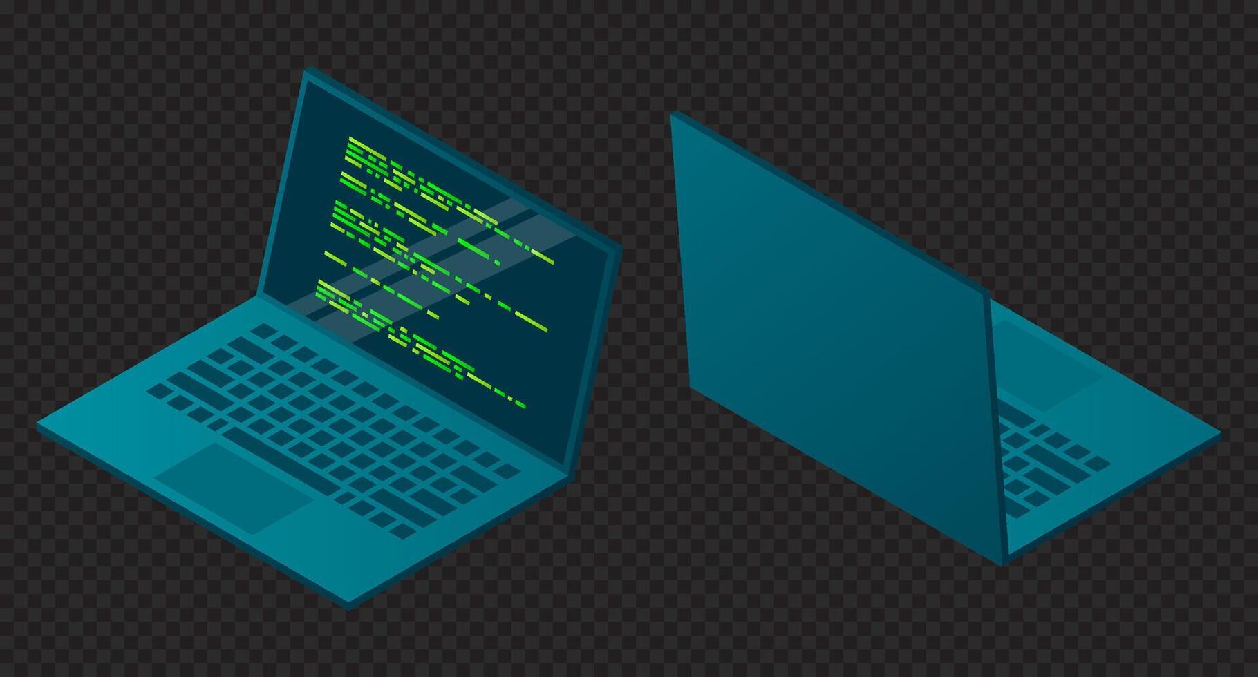 Isometric laptop. 3d isometric laptop computer. Abstract programming language and program code on a laptop screen. Technology. vector