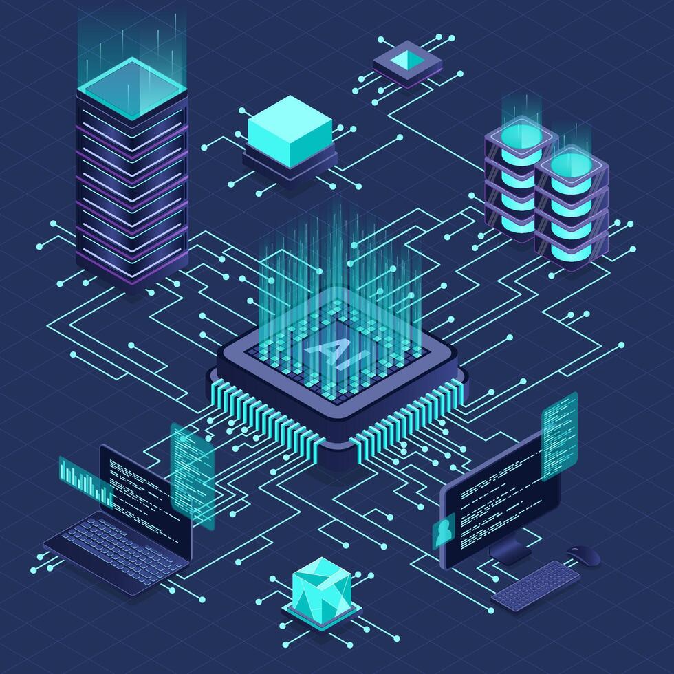Isometric artificial intelligence chip concept. Artificial intelligence server. Futuristic microchip processor. Isometric cloud computing. Isometric technology, vector