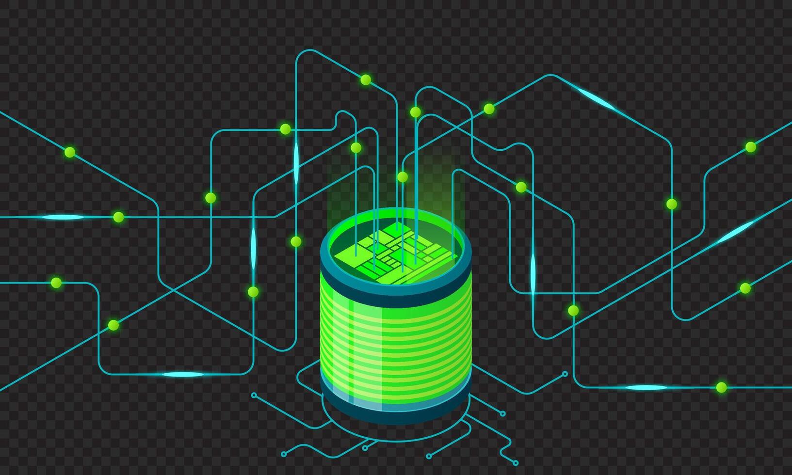 Isometric concept of big data processing. Server energy station of future. Network mainframe infrastructure. Isometric high technology vector