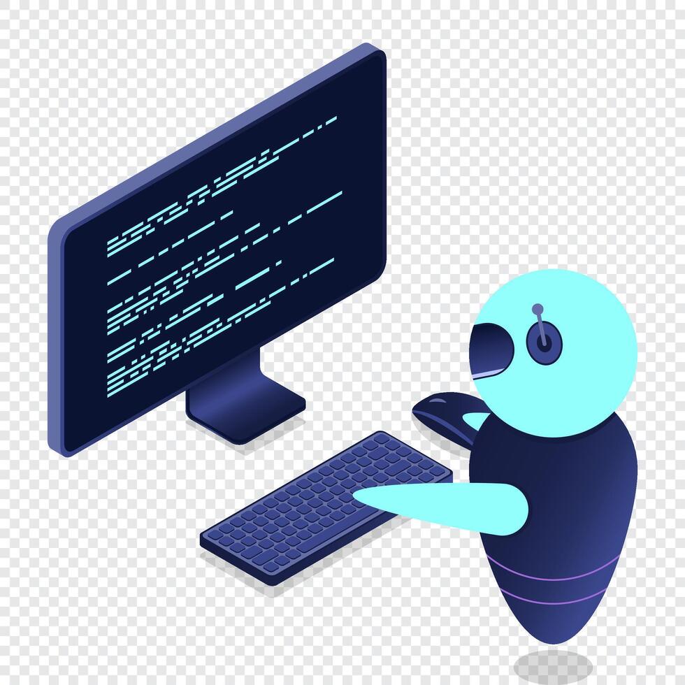 Futuristic robot interaction with computer. Isometric AI robot. Digital communication chatbots. Isometric technology vector