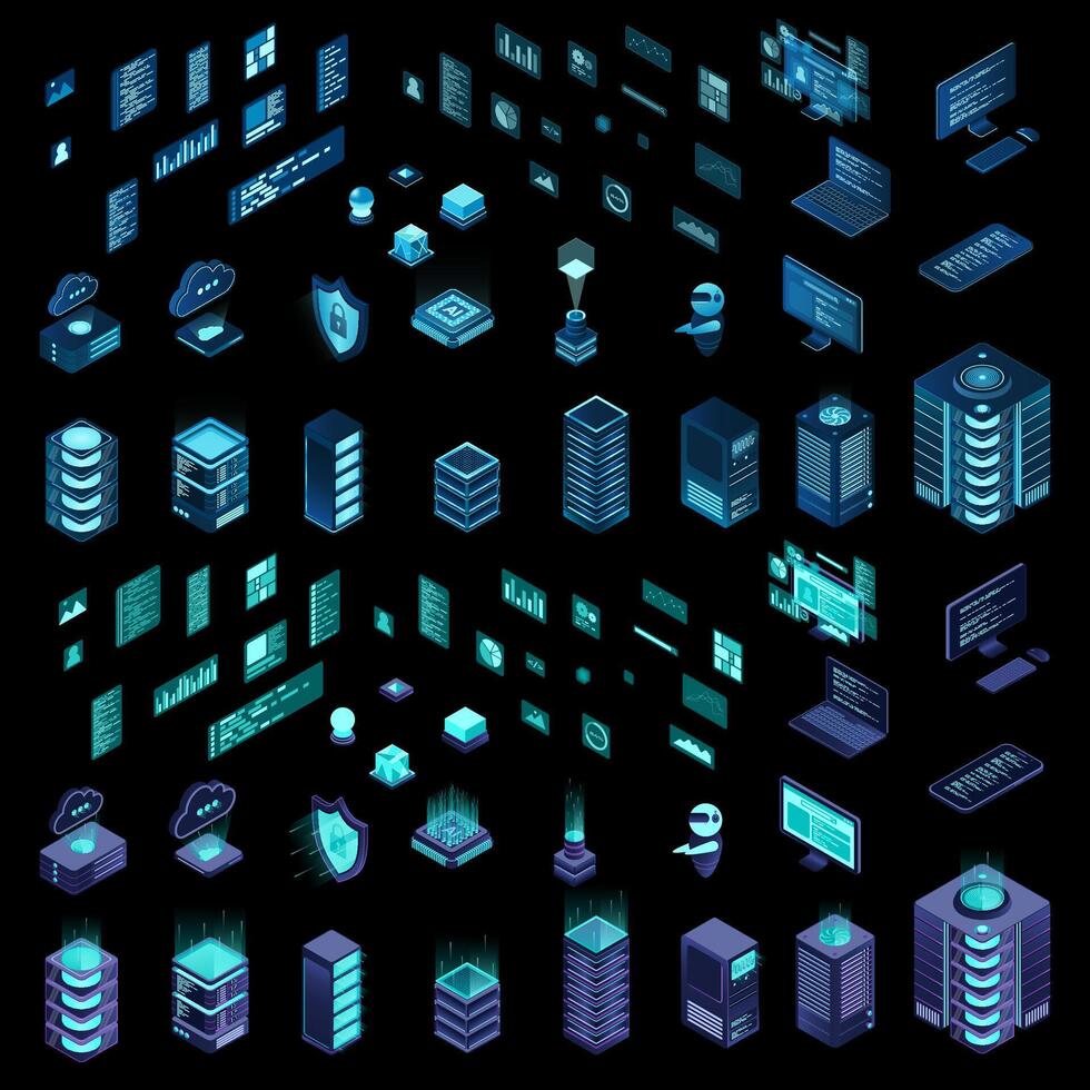Large set of isometric computer technology. Isometric set server equipment. Modern technology concept for cloud computing, datacenter, database. Isometric technology, vector