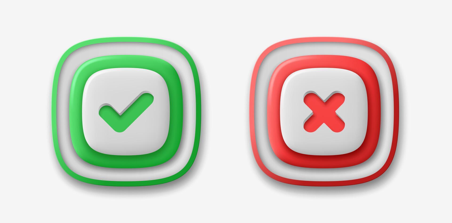 Green tick of approval and red cross of prohibition isolated on light background. vector