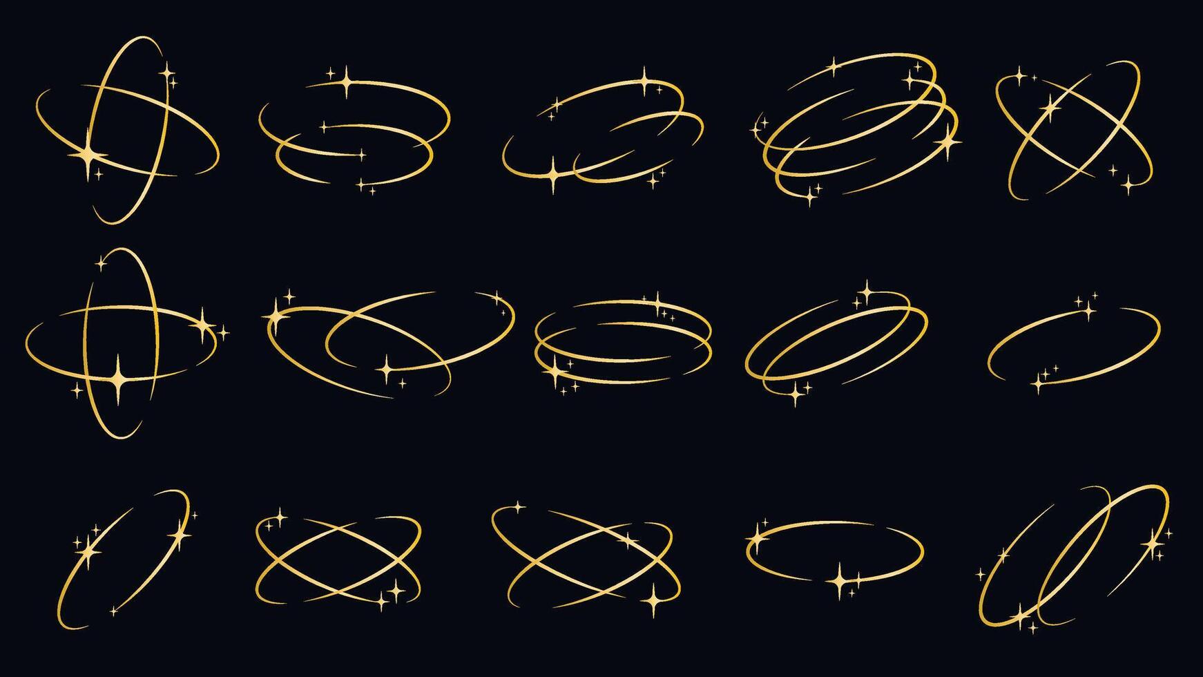 Set of golden design elements - oval orbit with shimmering particles vector
