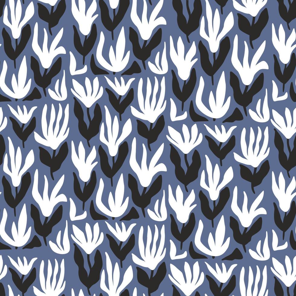 Seamless pattern of abstract flowers. Floral shapes on blue background. Black and white silhouette botanical backdrop. vector