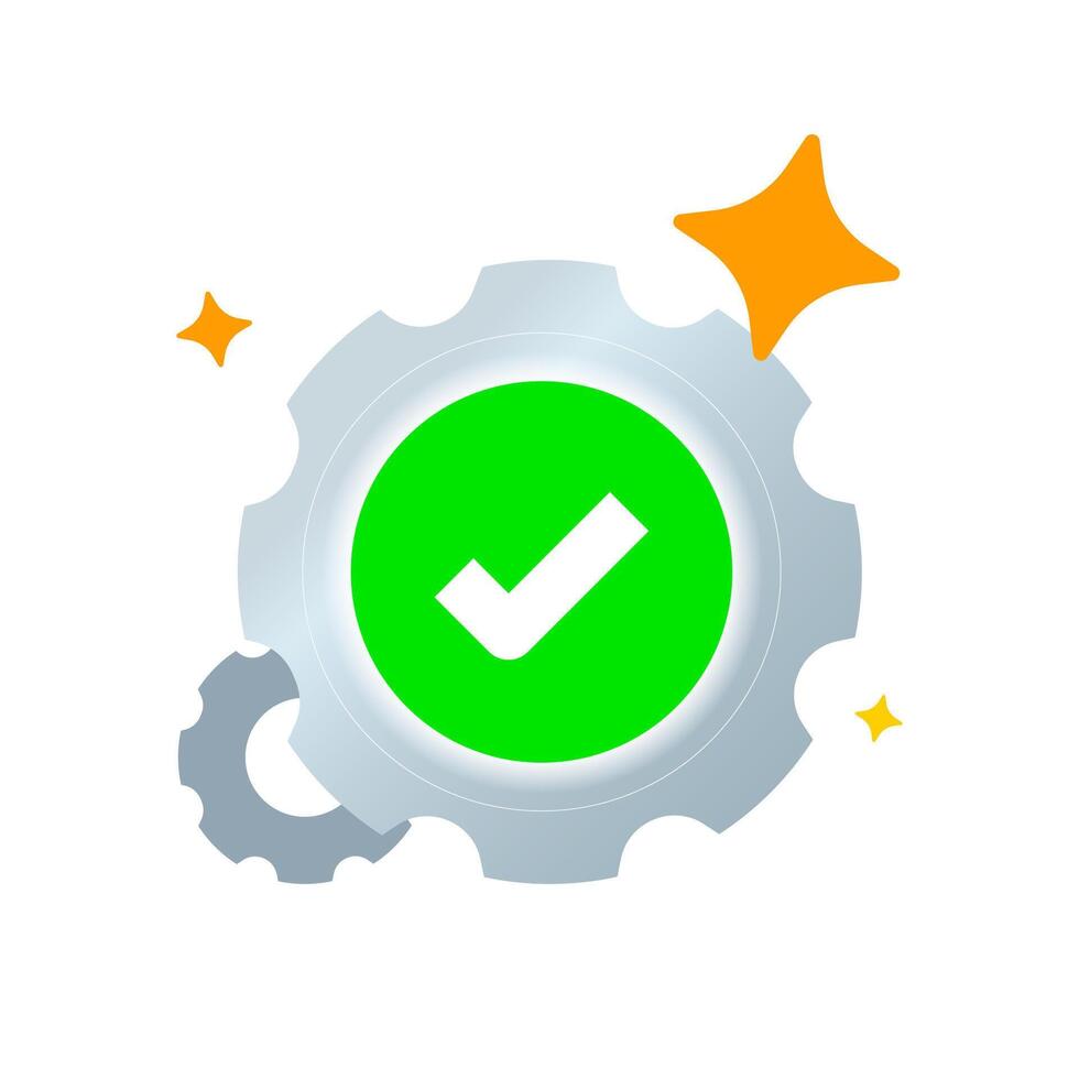 Latest Version Confirmed modern Illustration. Gear with Check Mark and Sparkle Icon for Updated App, No Updates Available, Software Maintenance Complete, System Up to Date UI Symbol vector