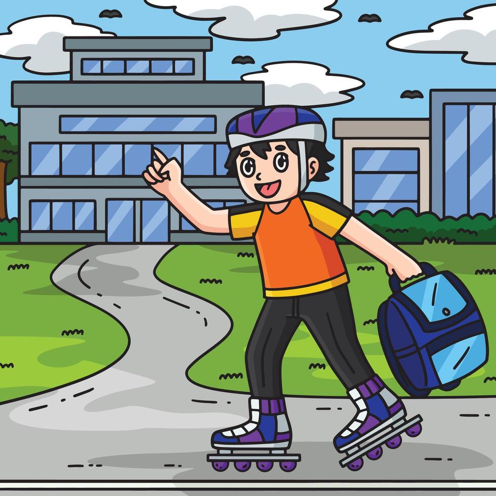 Inline Skater with School Bag Colored Cartoon vector