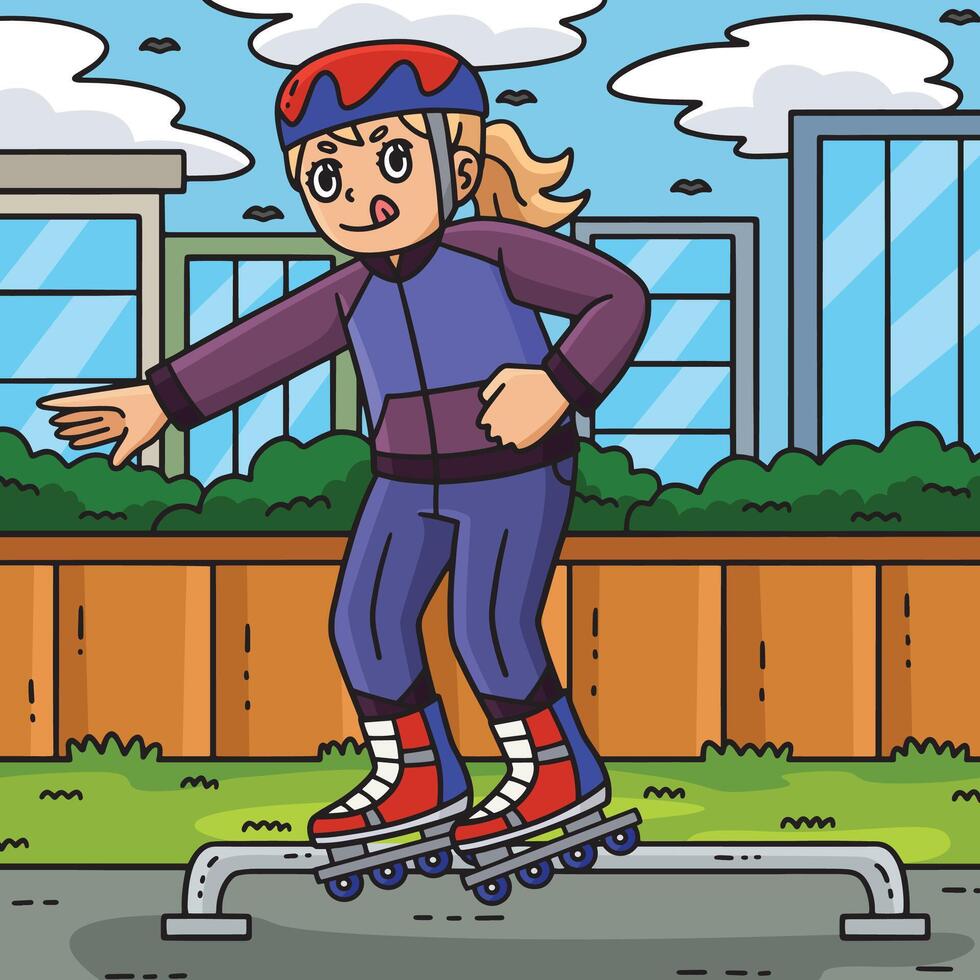 Female Inline Skater Grinding on the Rail Colored vector