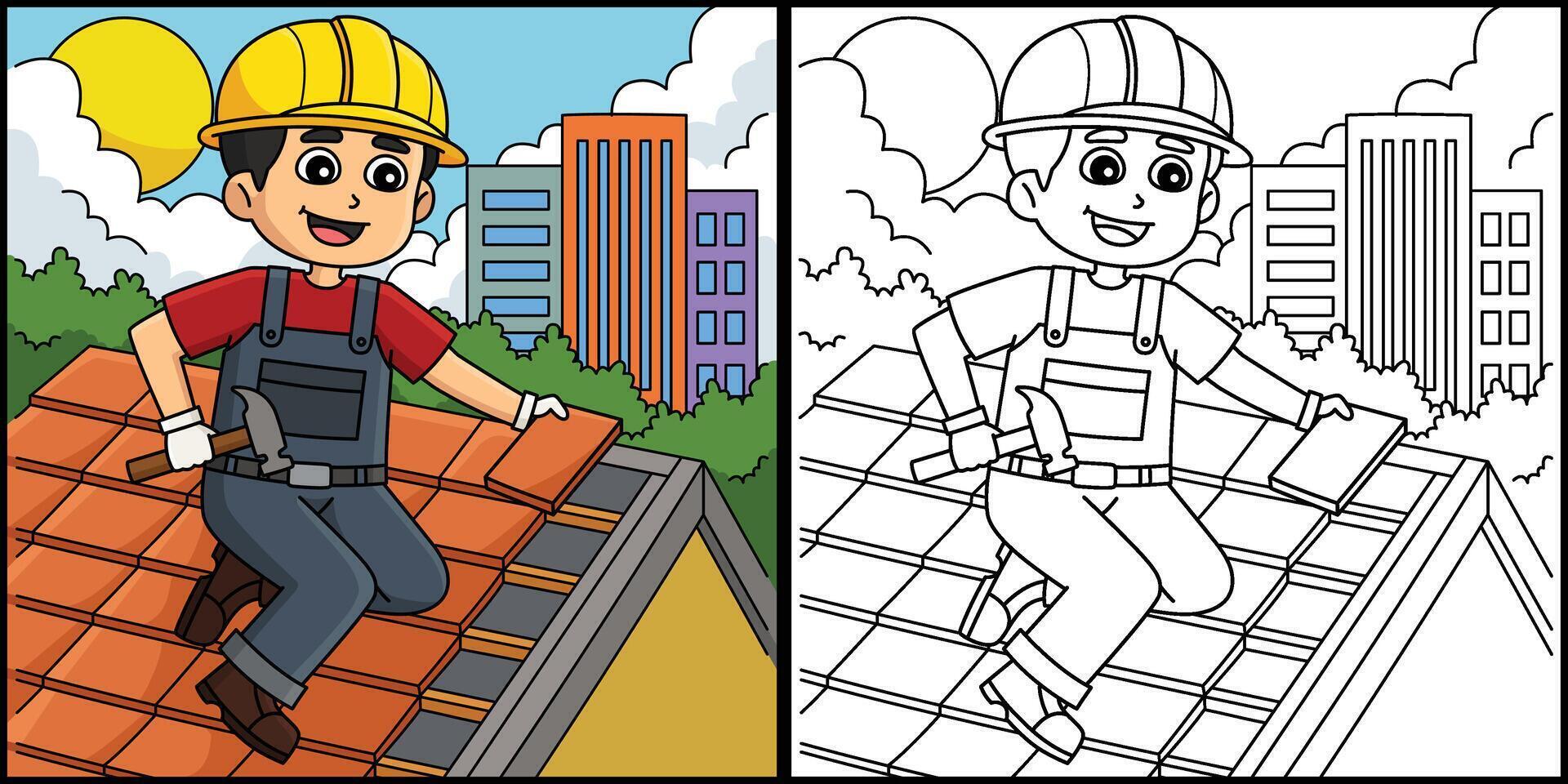 Construction Roof Worker Coloring Illustration vector