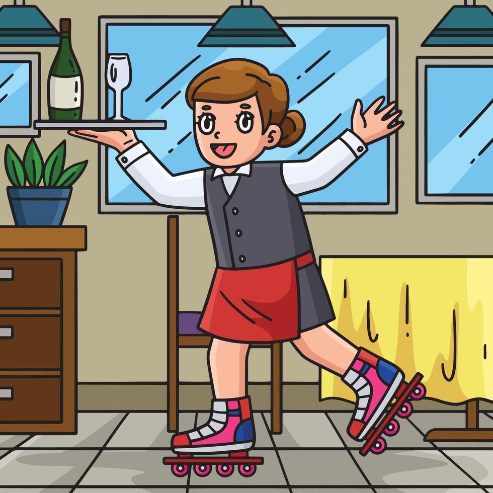 Female Inline Skates Waiter Colored Cartoon vector