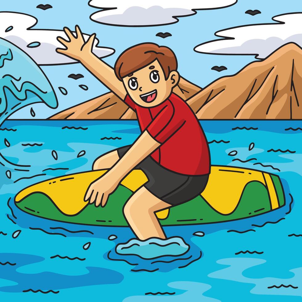 Surfing Boy Sitting on a Surfboard Colored Cartoon vector