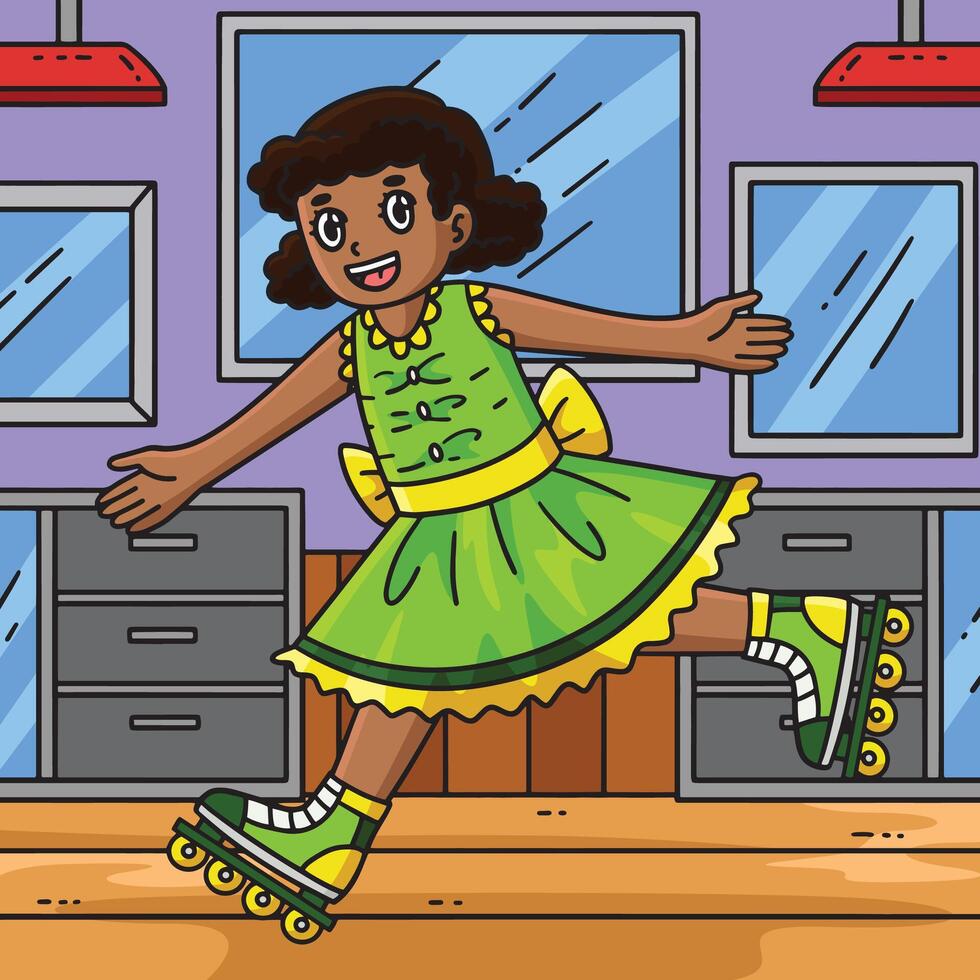 Female Inline Skating in a Dress Colored Cartoon vector