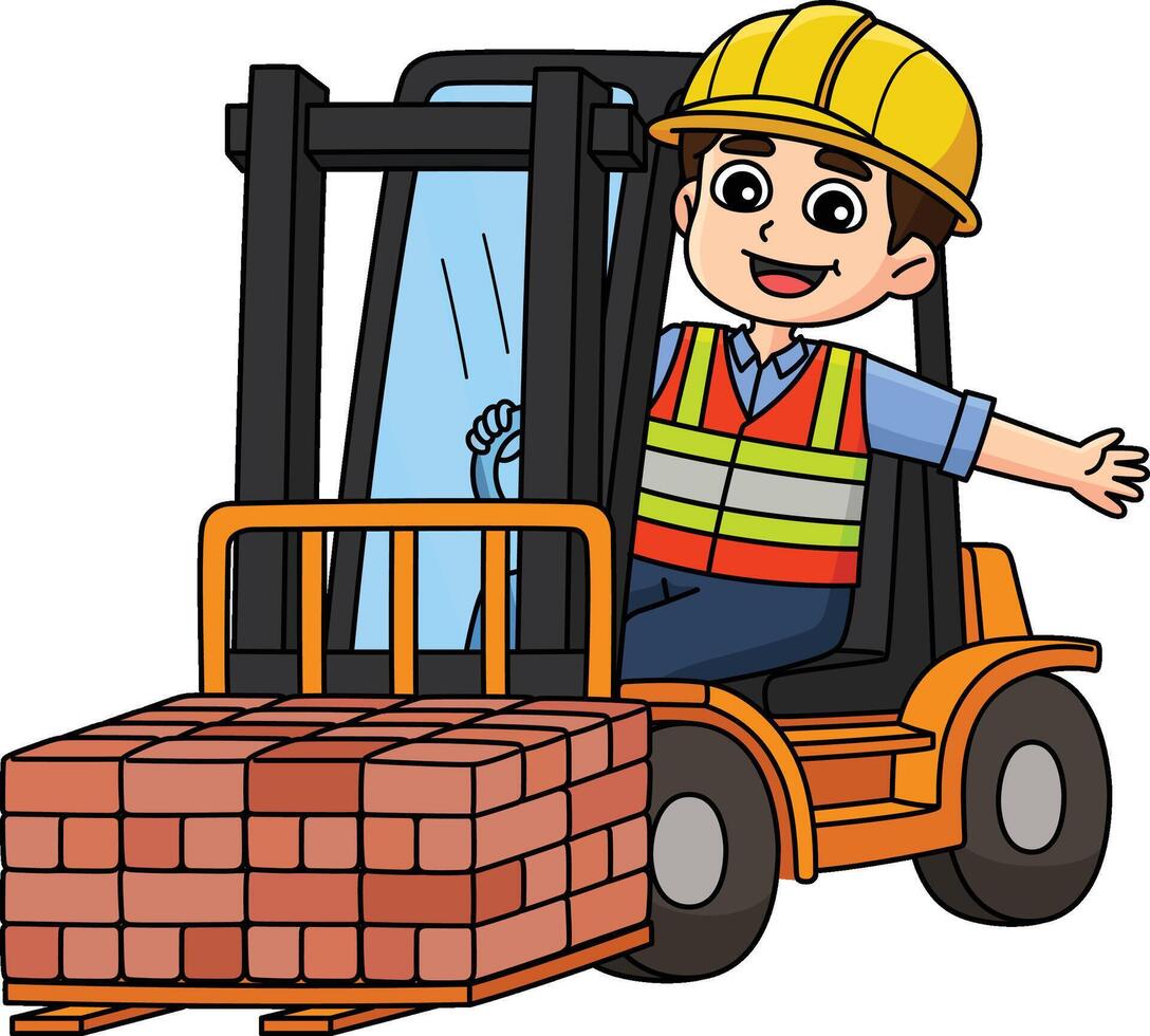 Construction Worker with Forklift Cartoon Clipart vector