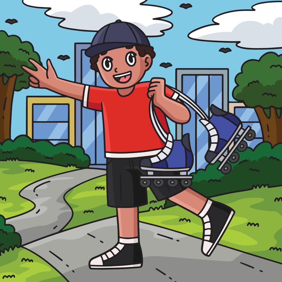 Inline Skater Carrying Skates Colored Cartoon vector