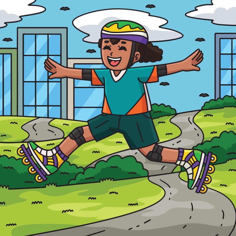 Female Inline Skater Jumping Colored Cartoon vector