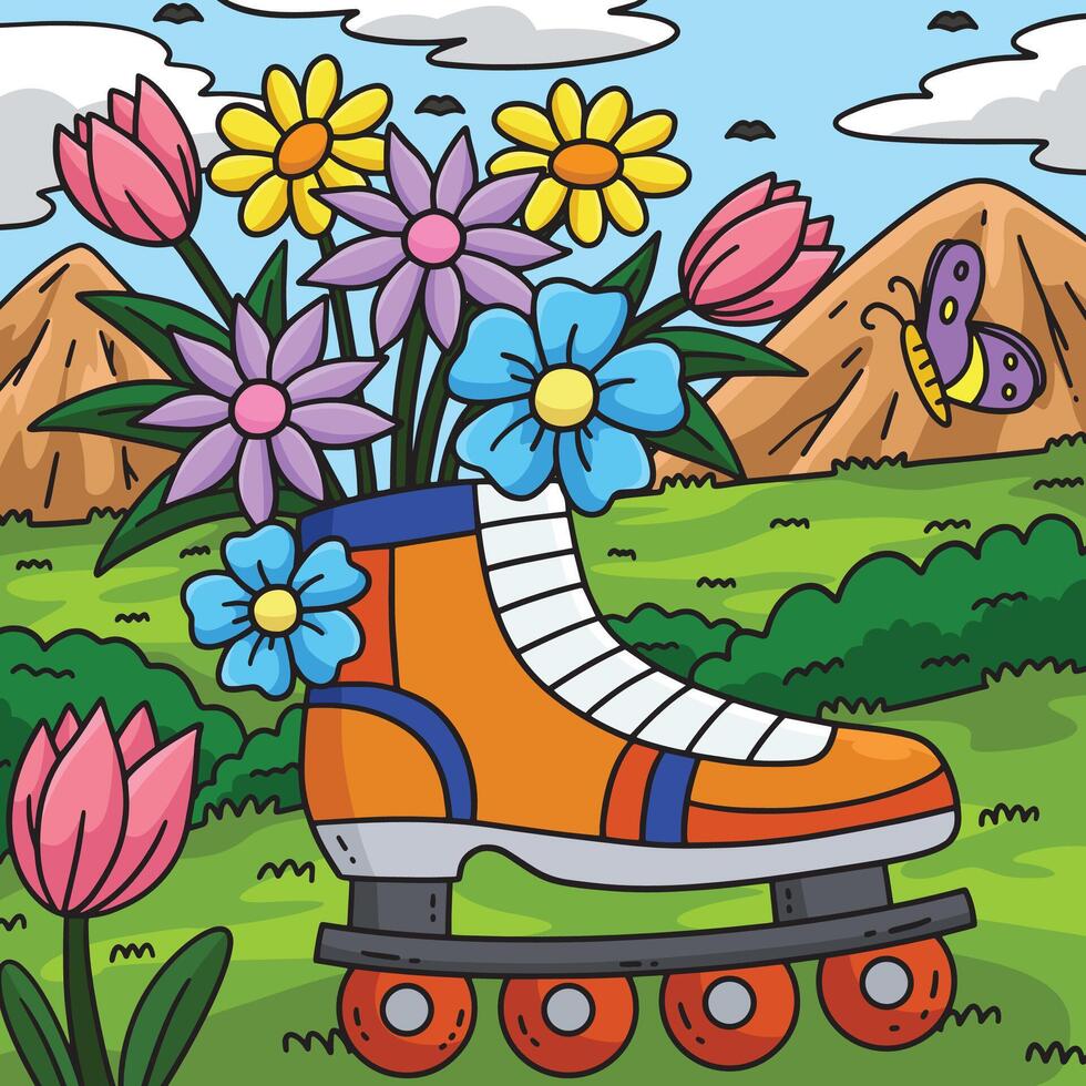 Inline Skates Sprouting Flowers Colored Cartoon vector