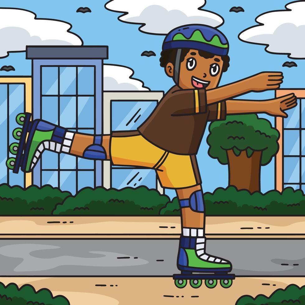 Inline Skater Lifting One Foot Colored Cartoon vector