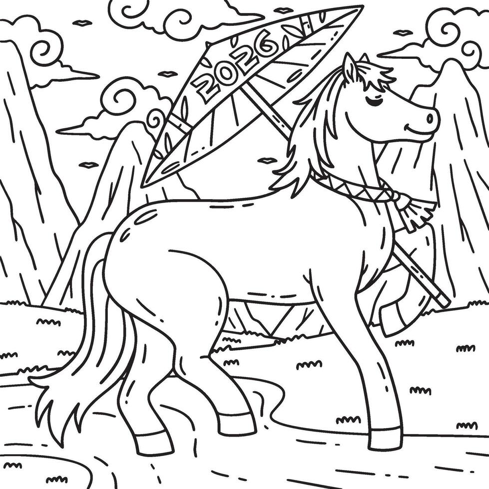 Year of the Horse 2026 Oil Paper Umbrella Coloring vector