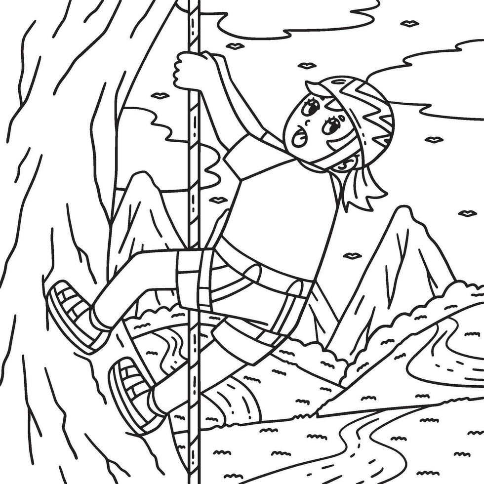 Bouldering Girl Looking Down from Climb Coloring vector
