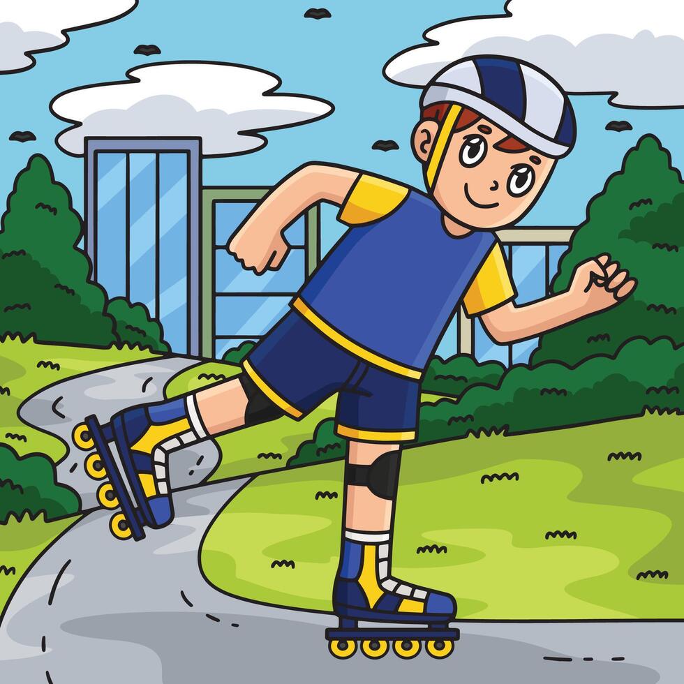 Inline Skating Boy Colored Cartoon Illustration vector