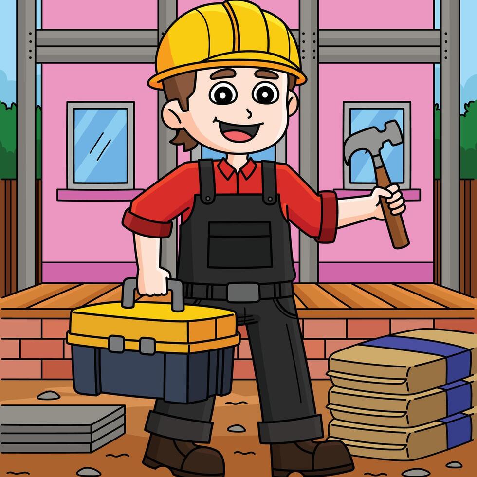Construction Worker with Toolbox Colored Cartoon vector