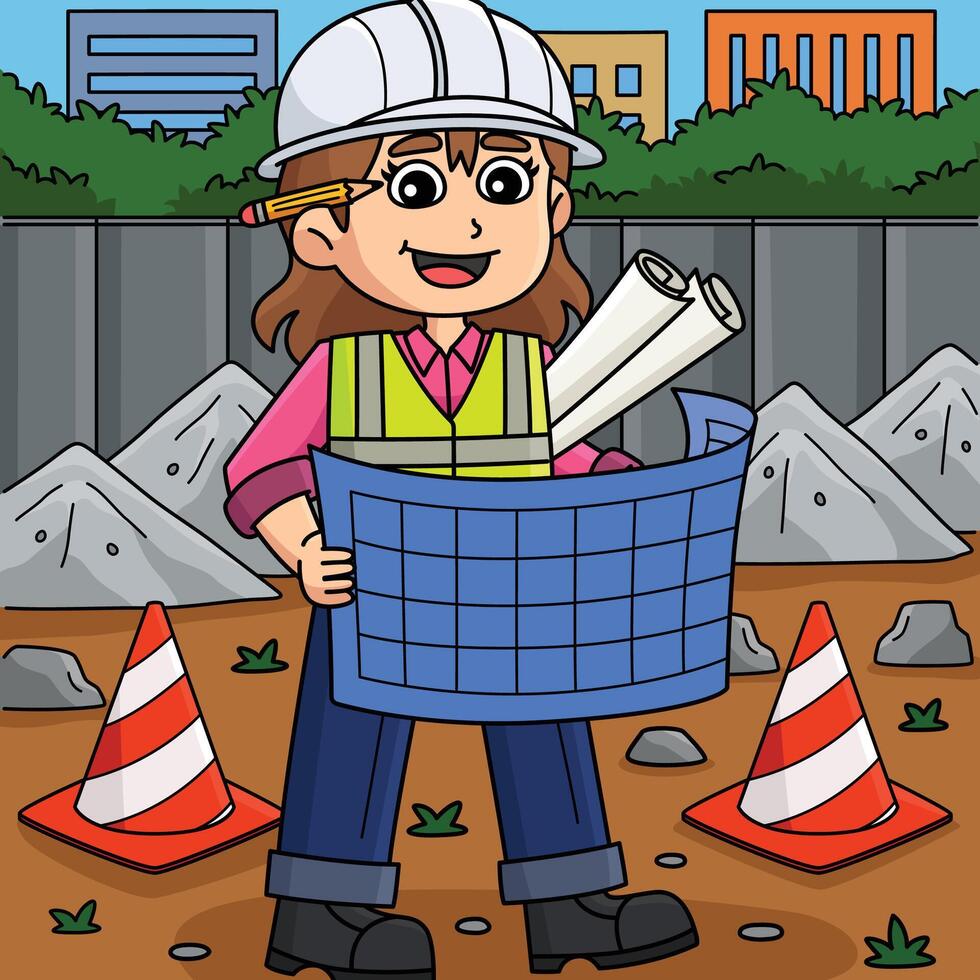 Construction Worker Building a Blueprint Colored vector