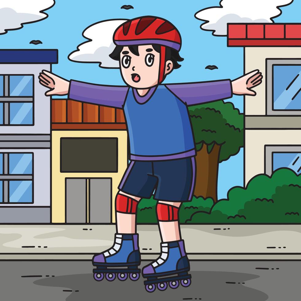 Inline Skater Boy Trying to Balance Colored vector