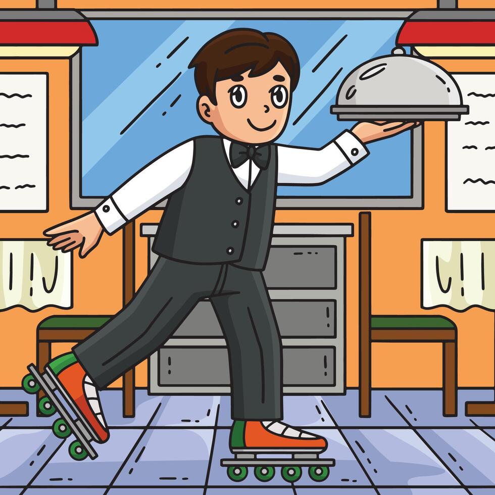 Inline Skates Waiter Colored Cartoon Illustration vector