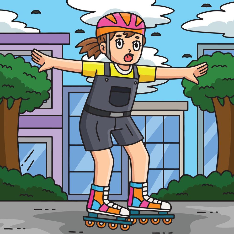 Female Inline Skater Practicing Colored Cartoon vector