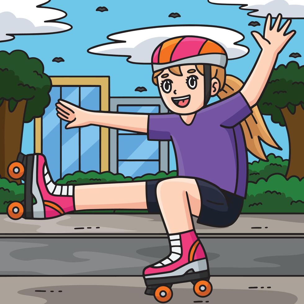 Roller Skating Girl on One Leg Colored Cartoon vector