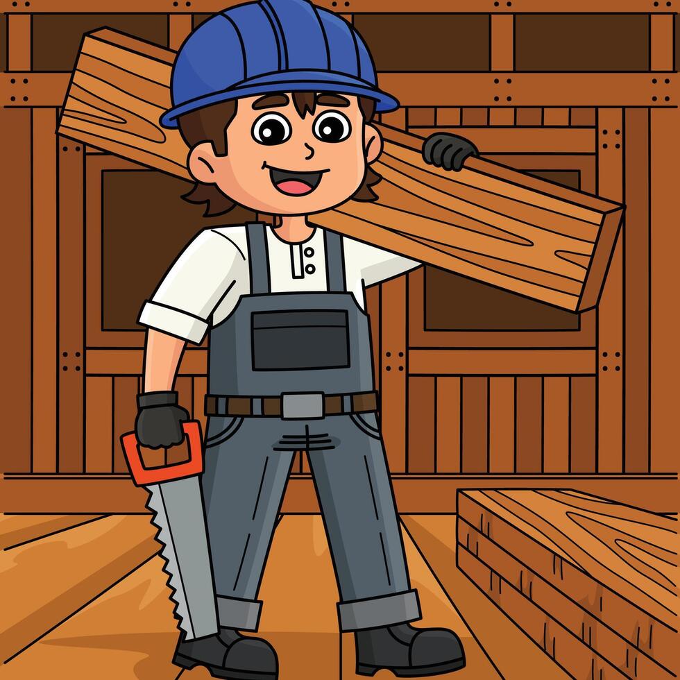 Construction Worker Lifting a Log Colored Cartoon vector