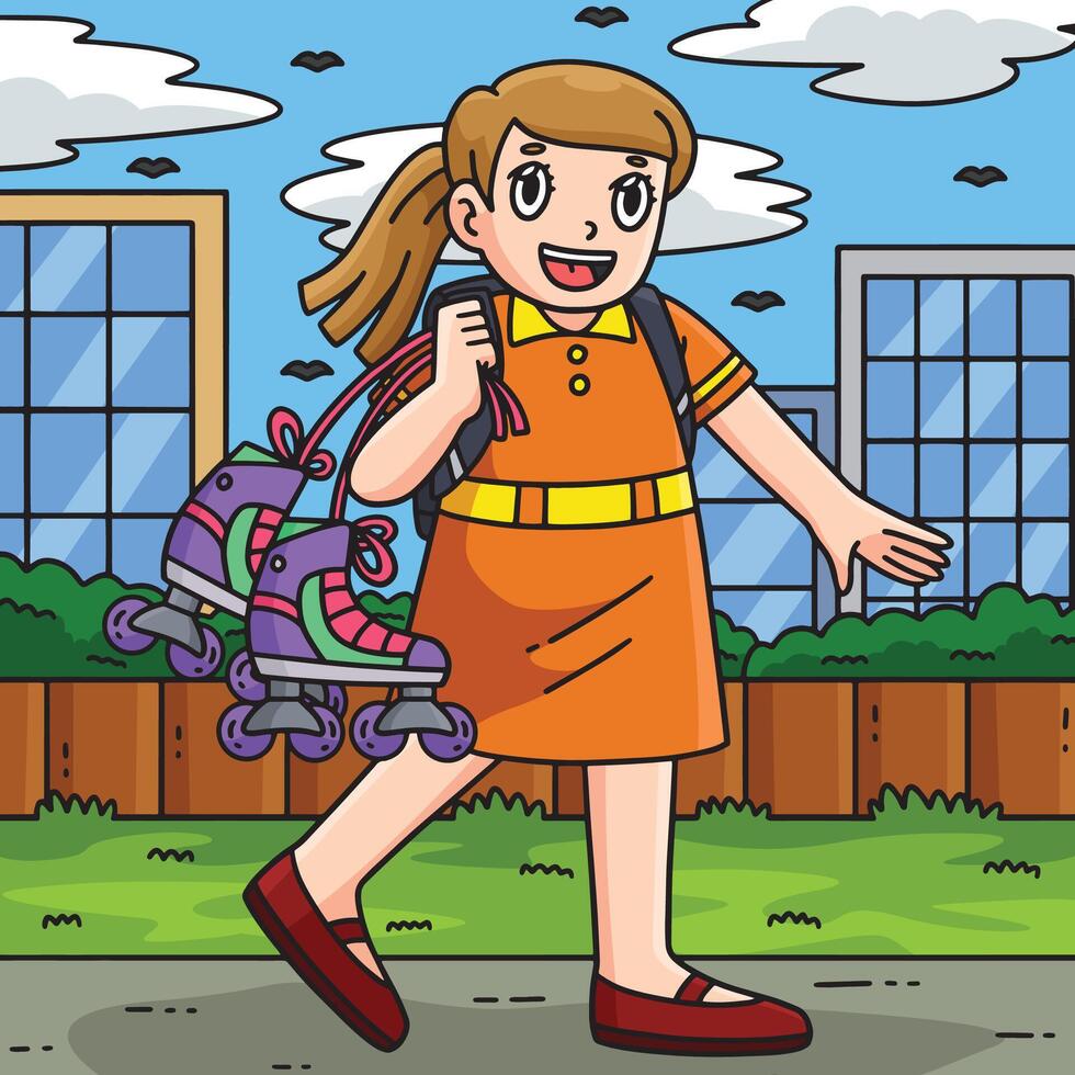 Female Inline Skater Carrying Skates Colored vector