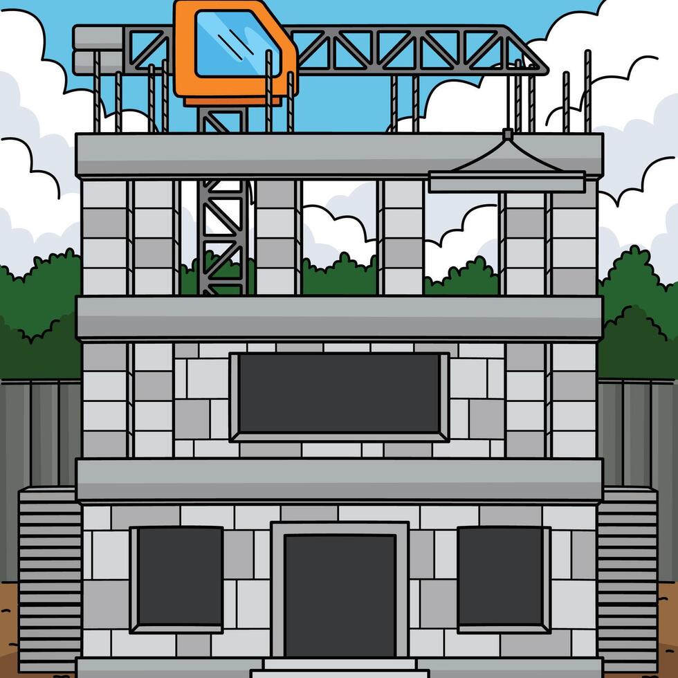 Construction Site with Tower Crane Colored Cartoon vector